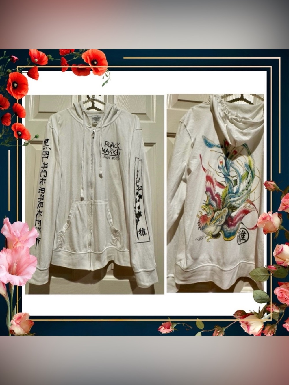 Hoodie Jacket - Black Market - unisex large - colorful bird - FREE w/ purchase!